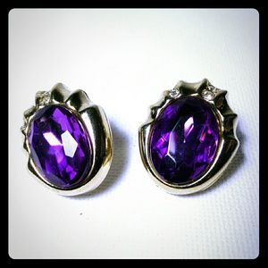 Purple Rhinestone Oval Gold Tone Stud Earrings